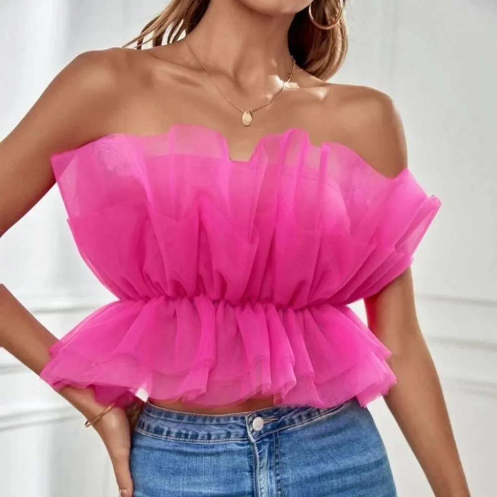 Ruffle Trim Strapless Crop Mesh Tube Top Hot pink - Picture 4 of 6